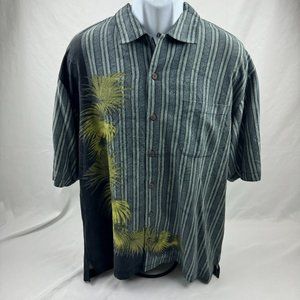 Tommy Bahama Mens 100% Silk Gray Hawaiian Shirt Floral Striped L Short Sleeve